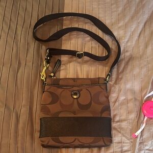 Brown and Black Designer Crossbody Bag- Coach